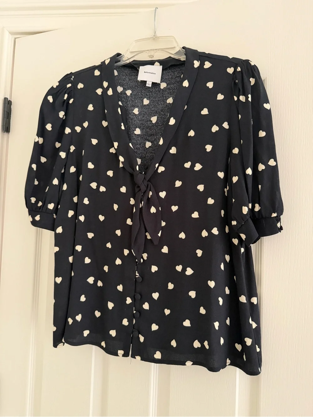 Reformation Heart-Print Tie-Neck Blouse